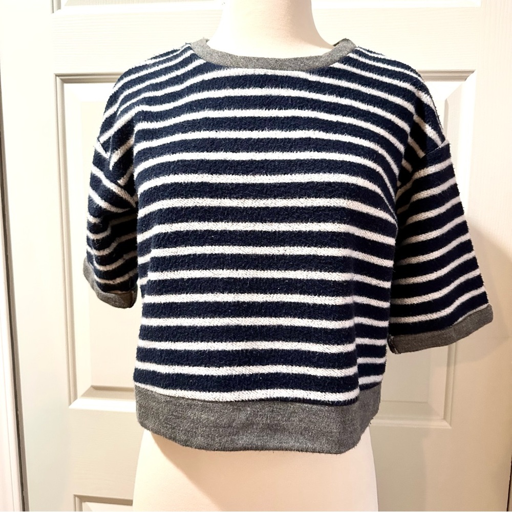 FRAME Striped Navy and White Short Sleeve Sweater Size S